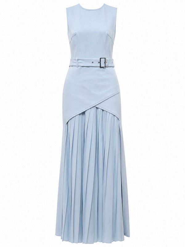 【新品DRESS 1913】プリーツ裾切替ベルト付きフレアロングドレス ライトブルー【KAREN MILLEN】